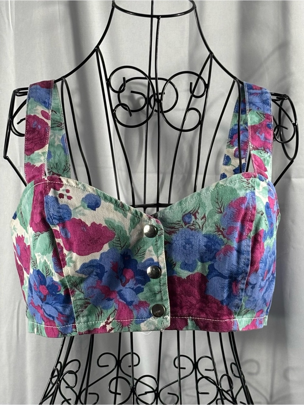 Paris Blues Mint Floral Crop Bustier with Pink & Blue Blooms